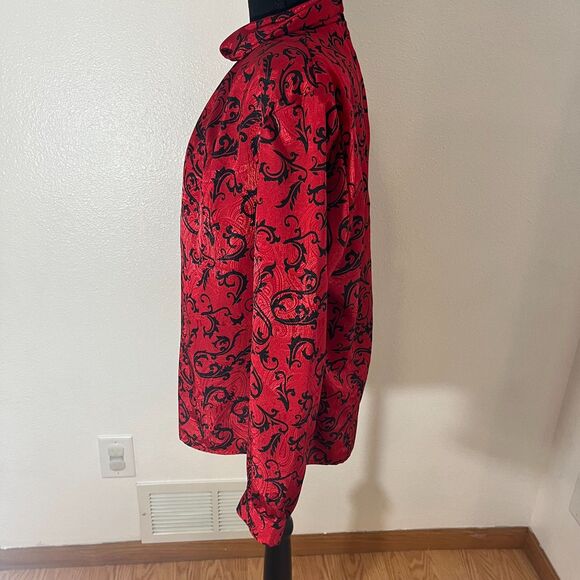 Vintage 80s Pyke Limited Red & Black Damask Flourish Print Blouse Sz.14 - Picture 7 of 9